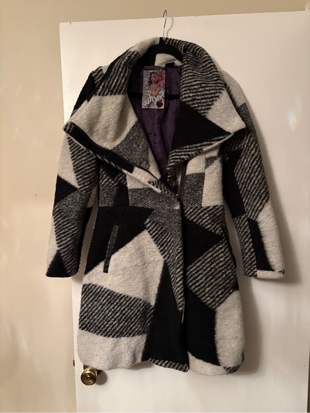 Vintage Desigual geometric wool blend coat black and gray